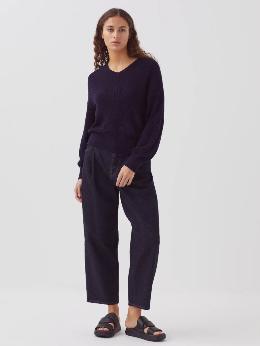 Comptoir des Cotonniers Navy Blue Purl Knit V-Neck Sweater/Jumper - Size M